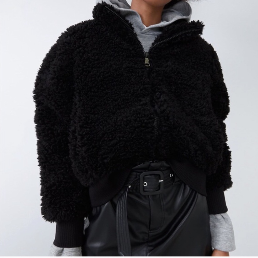 NWT Zara Black Fleece Sherpa Bomber High Collar SZ SMALL - Picture 6 of 13